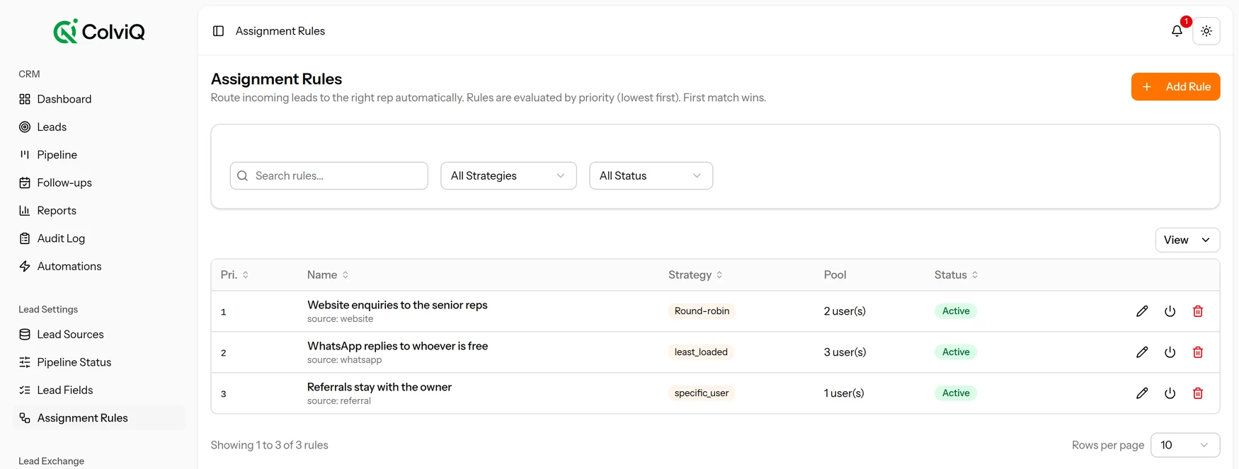 ColviQ assignment rules listing routing strategies, target pools and priority order
