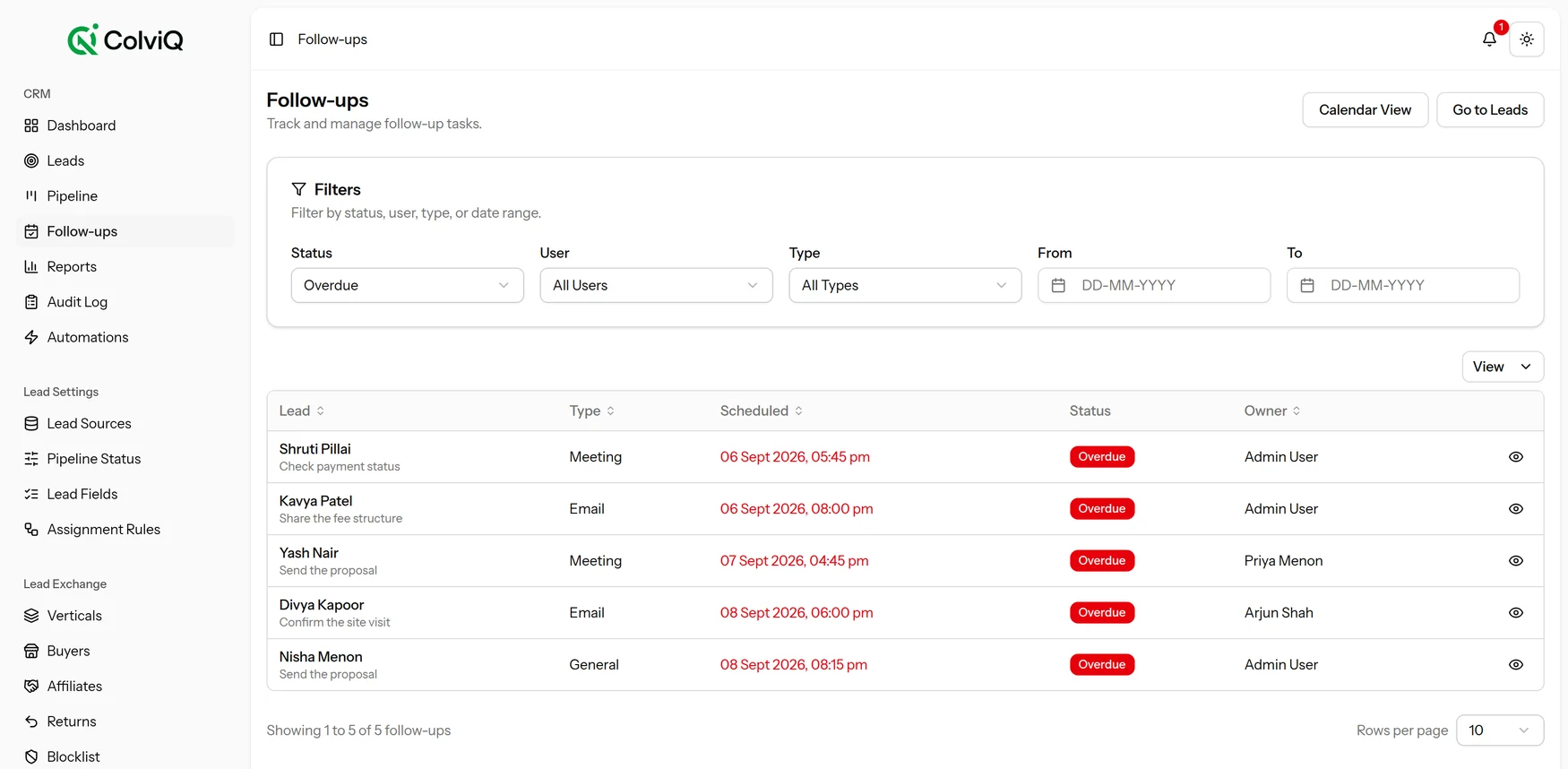 ColviQ follow up queue filtered to overdue, each row showing the scheduled time in red and the owner