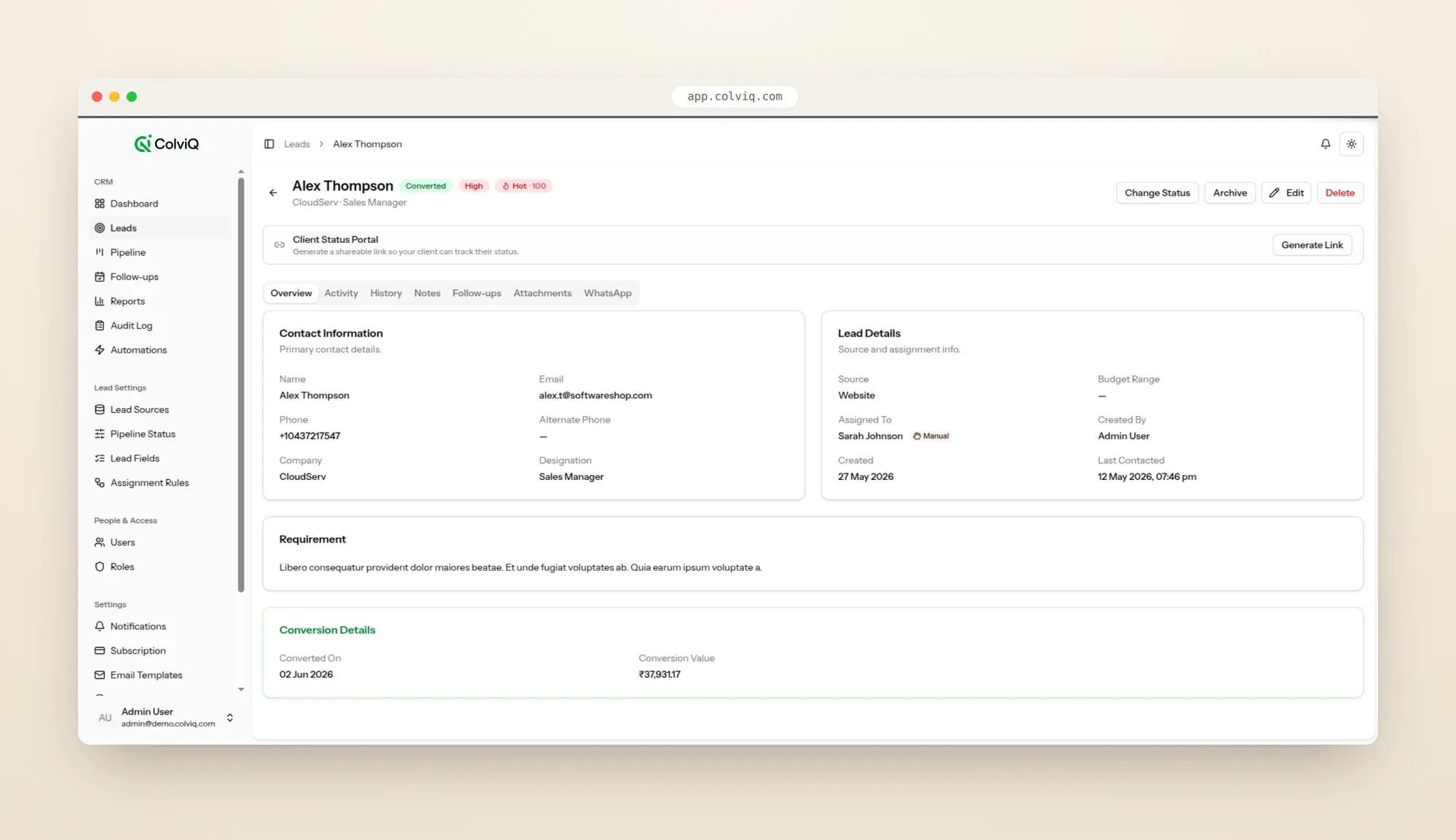 ColviQ lead detail with contact info, activity, notes, follow-ups and WhatsApp tabs