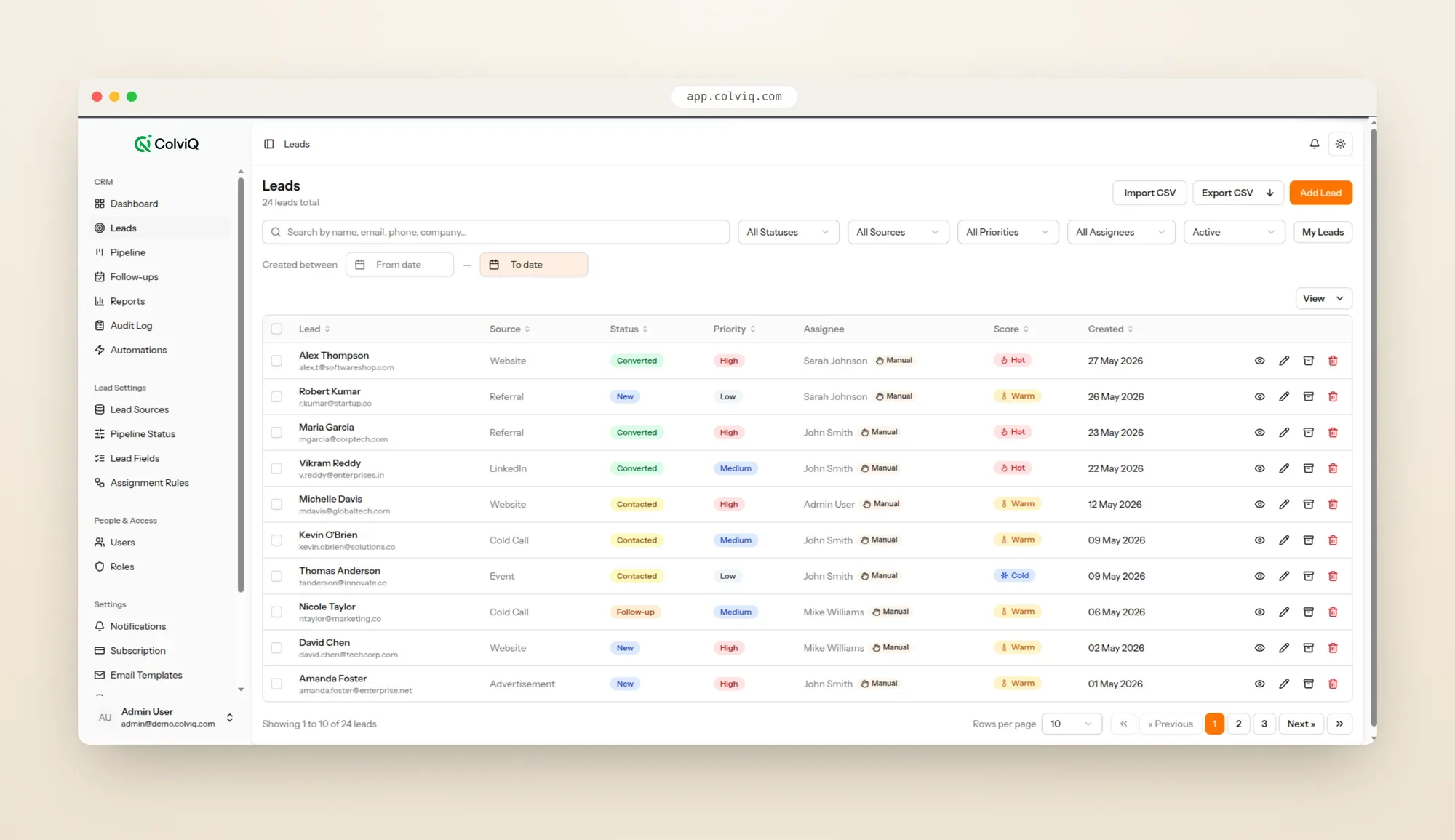 ColviQ leads list with status, source, priority, assignee and lead score