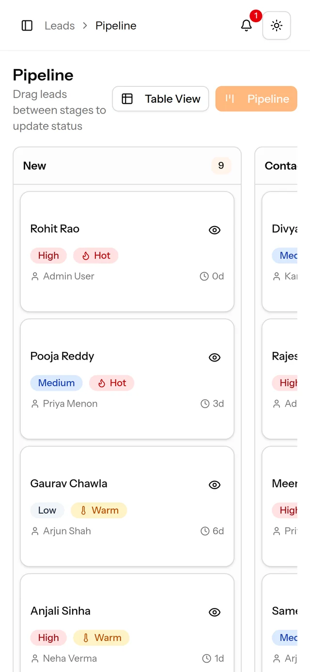 The same ColviQ pipeline board on a phone, one stage at a time with the next stage alongside