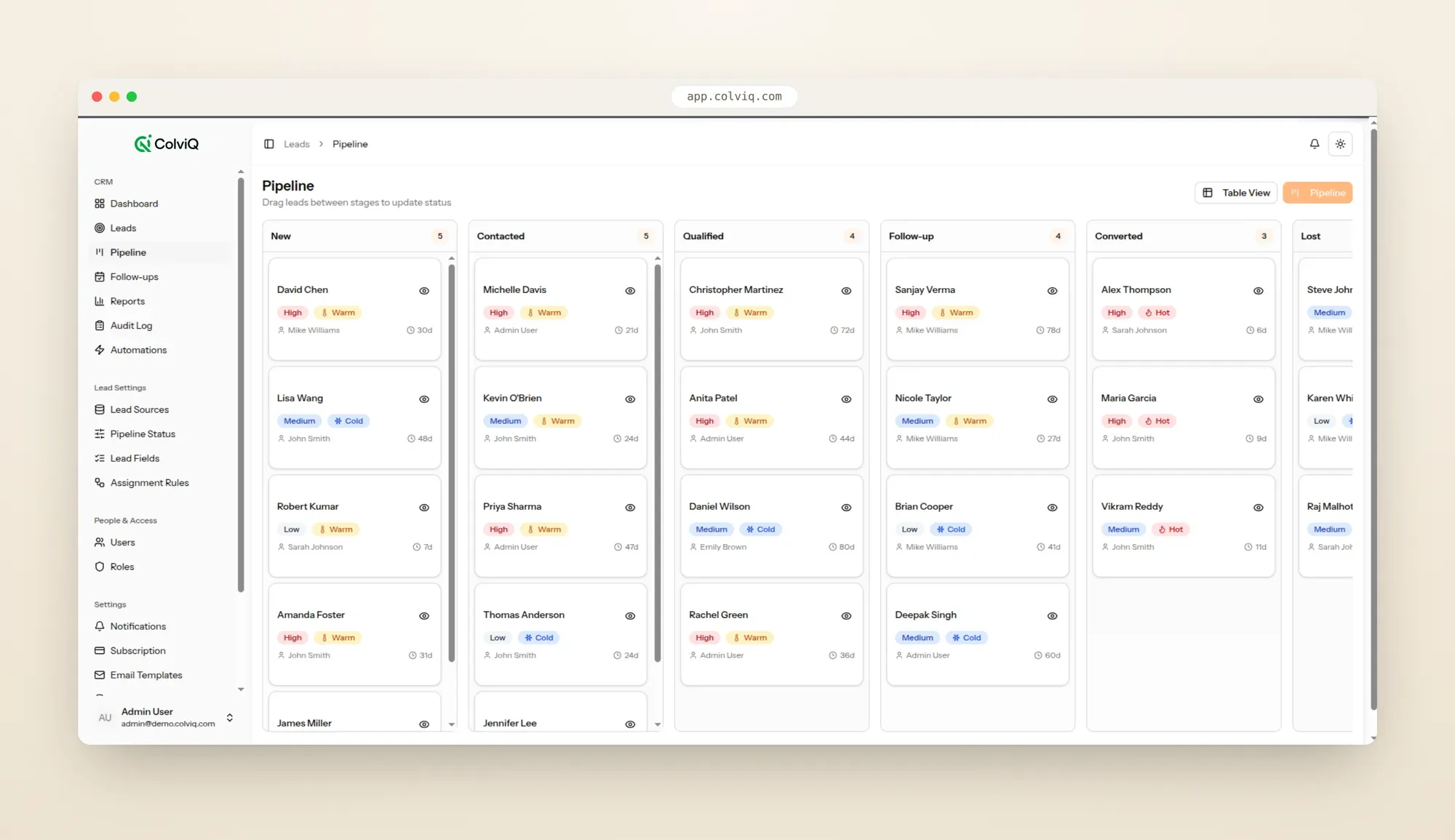 ColviQ pipeline board — leads across New, Contacted, Qualified, Follow-up, Converted and Lost stages